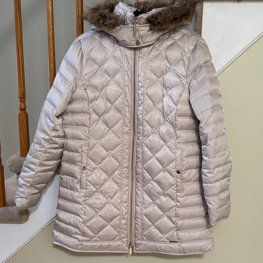 Kenneth Cole New York Beige Quilted Puffer Coat with Faux Fur Hood